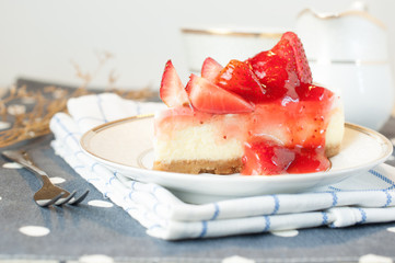 Close up strawberry cheesecake on white plate