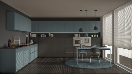 Modern kitchen with table and chairs, big windows and herringbone parquet floor, gray and air force blue minimalist interior design