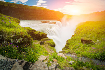 GULLFOSS, The most famoust Icelandic waterfall, The Golden Falls of Gullfoss,  Summer time in Iceland