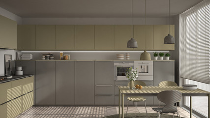 Modern kitchen with table and chairs, big windows and herringbone parquet floor, white and khaki yellow minimalist interior design