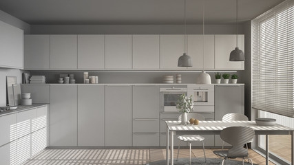 Unfinished project of modern kitchen with table and chairs, herringbone parquet floor, white minimalist interior design