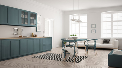 Minimalist modern kitchen with dining table and living room, white and air force blue scandinavian interior design © ArchiVIZ