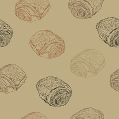 Chocolate croissants (pain au chocolat), hand draw sketch seamless pattern vector.