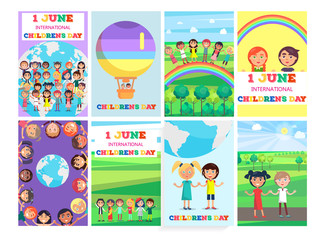 1 June Holiday Template with Colorful Posters Set