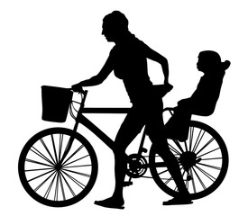 Mother with baby riding bicycle vector silhouette. Lady walking with bike and little son. Mom pushes a bike with kid cross the street.