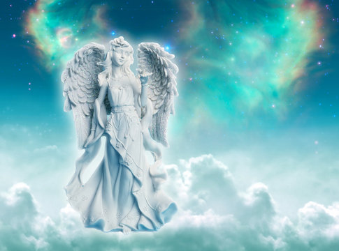 Angel archangel Ariel or Gabriel or Haniel over divine mystic green starry background