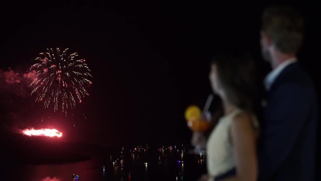 4k travel video couple on honeymoon in greece watching fireworks on romantic evening