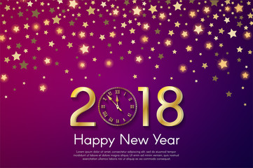 Golden New Year 2018 concept on violet blurry starfall background. Vector greeting card illustration with golden numbers and vintage clock