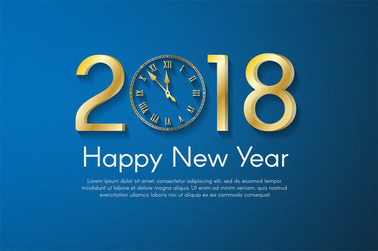 Golden New Year 2018 concept on blue background. Vector greeting card illustration with golden numbers and vintage clock