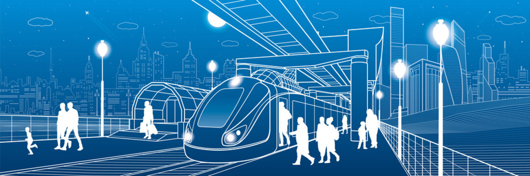 Infrastructure and transport panorama. Monorail railway. People walking under flyover. Train move. Illuminated platform. Modern night city. Towers and skyscrapers. White lines. Vector design art