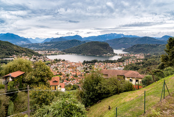 Fototapeta premium Panoramic view from small village Cadegliano Viconago of lake Lugano and Swiss Alps, Italy