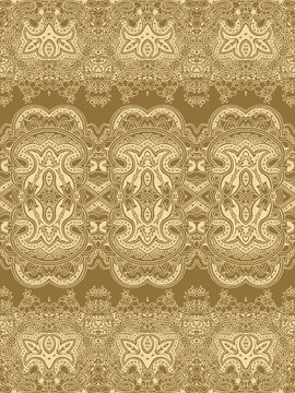 Abstract seamless geometric paisley pattern. Traditional oriental  lace  ornament. Golden hues background. Yoga print. Textile design.