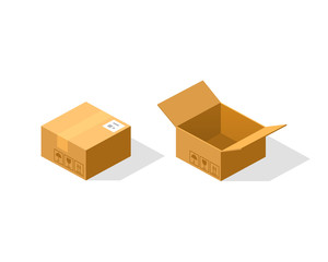 Open and closed paper box isometric. Vector Illustration
