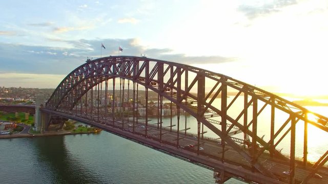Sydney Harbour Bridge aerial view at sunrise.