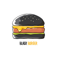 vector cartoon black burger icon with cheese, meat and salad icon isolated on white background