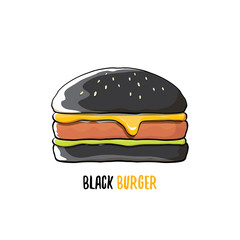vector cartoon black burger icon with cheese, meat and salad icon isolated on white background