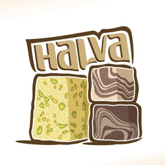 Vector logo for turkish Halva confection, heap of 3 sliced cubes with pistachio nut & layered chocolate tahini oriental dessert, original typography font for word halva, greek halvah with choco flavor