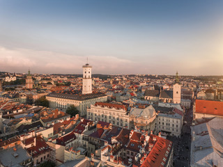 Aerial panorama of Lviv - city center view, historical center at sunset time, Ukraine. Drone view.