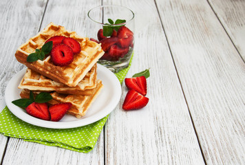 belgian waffles with strawberries and mint
