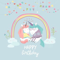 Cute card with fairy unicorns in love