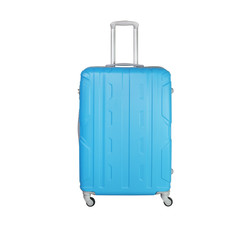 Blue suitcase isolated on white background. Polycarbonate suitcase isolated on white. Blue suitcase.