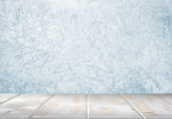 Empty worktop with frozen glass on the background. The frozen window.