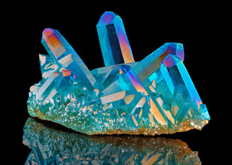 Amazing Colorful Quartz Rainbow Blue-Aqua Crystal Cluster, Closeup Macro, Isolated on Black...