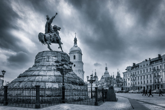 Ukrainian Hetman Bogdan Khmelnitsky on Sofia square in Kyiv, Ukraine