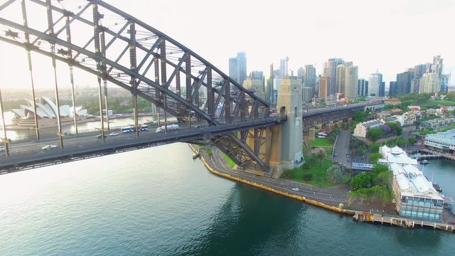 Aerial view of Sydney Harbour bridge at sunrise.