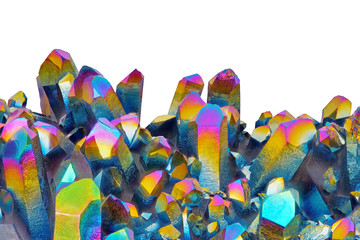 Amazing colorful Quartz Rainbow Flame Titanium aura crystal cluster closeup macro isolated on white background