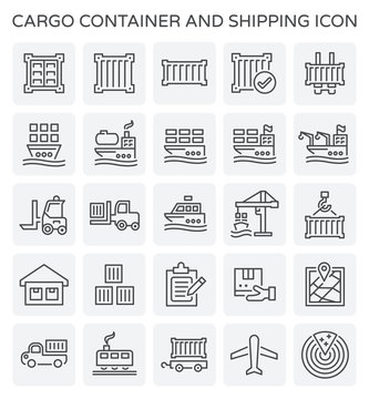 Vector line icon of cargo container and shipping work.