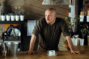 Young friendly bartender with mustache and beard standing at the bar counter in loft-styled cafe. Former factory building, natural daylight.