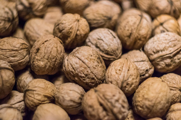 Walnuts background Walnuts texture Close-up Pile of walnuts