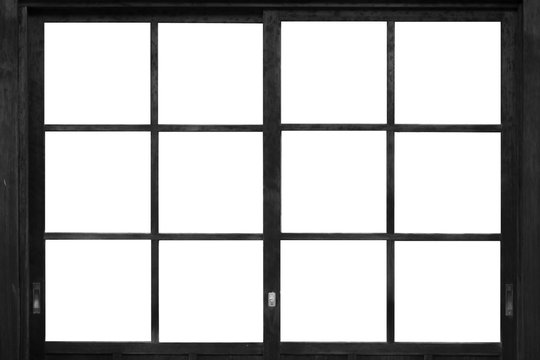 Black wood window frame isolated on white background