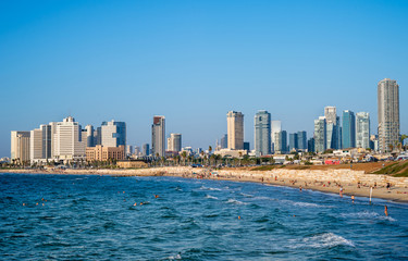 Skyline view of Tel Aviv beach coast and Mediterranean sea.