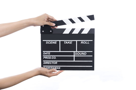 woman hold movie clapper on isolated and white background ; film, cinema and vedio photography concept