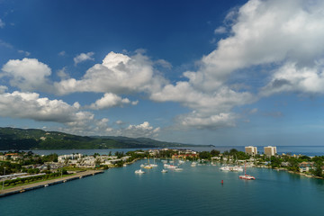 Naklejka na ściany i meble Aerial view of yacht marina at daylight in Montego Bay - Jamaica