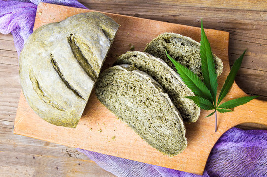 Green bread with marijuana on a tray