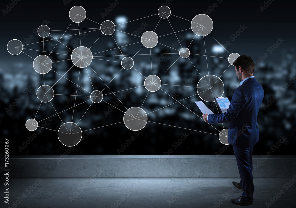 Poster Businessman watching social network interface on a rooftop 3D rendering