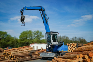 Holzverarbeitung - Kran mit Greifzange zwischen Rundholzstapeln