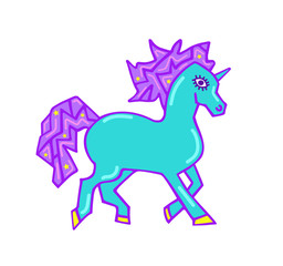 Print for t-shirt with unicorn. Fantasy magical unicorn, kids graphics for t-shirts. Unicorn print for sticker, patch badge. Design for children. Running unicorn patch with mane and horn isolated