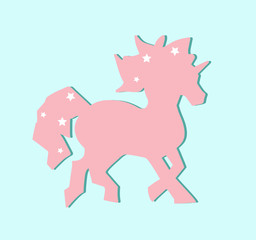 Cute pink unicorn silhouette with stars on blue background. Mane with the stars. Fantasy magical unicorn for wall paper. Running unicorn poster. Fantasy magical unicorn