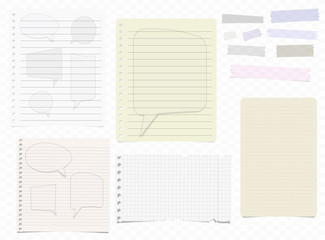 Collection of various note papers - blank, with speech bubble designs, lined and squared ready for your message. Set of sticky tape pieces. Vector illustration. - 173267416