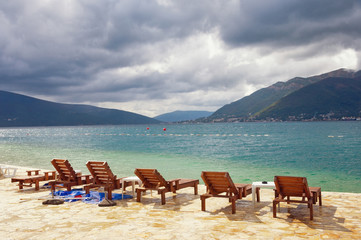 Changeable weather. Bay of Kotor near Tivat town, Montenegro, autumn