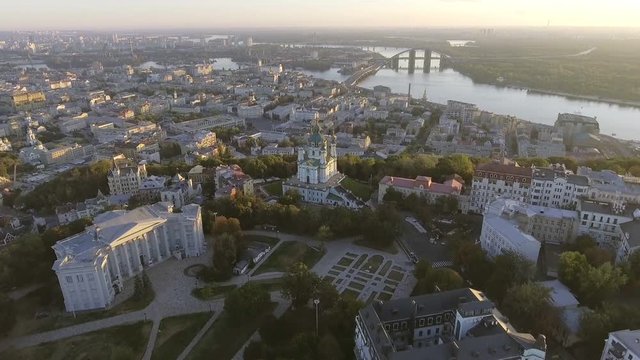 Kiev city center aerial sightseeing. Central part of the Ukrainian capital with many historical buildings and srteets