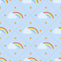 seamless colorful rainbow and cloud with gold dot glitter pattern on blue background