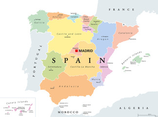 Autonomous communities of Spain political map. Administrative divisions of the Kingdom of Spain with their capitals. Municipalities, provinces and subdivisions. English labeling. Illustration. Vector.