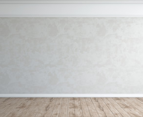 Grey wall room interior, wood floor.