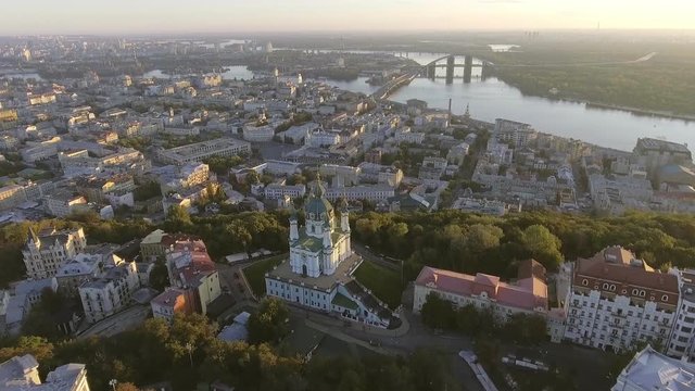 St. Andrew's Church (Kiev) Ukraine. Cityscape from a height. City panorama of Kiev. Andreevsky spusk city Kyiv.