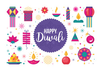 Diwali Hindu festival flat modern elements set